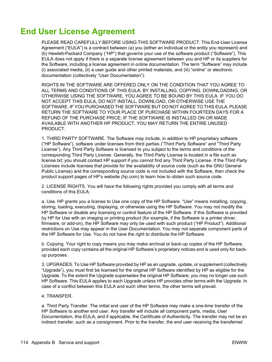 End user license agreement | HP LaserJet P2035 User Manual | Page 124 / 148