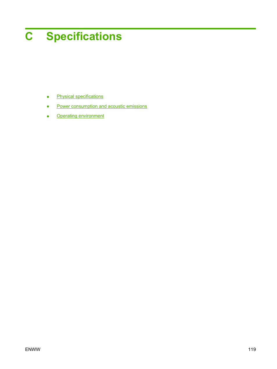Specifications, Appendix c specifications, Cspecifications | HP LaserJet P2035 User Manual | Page 129 / 148