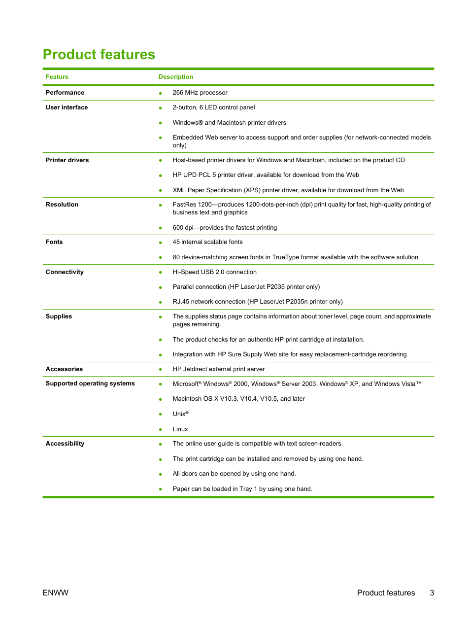 Product features, Enww product features 3 | HP LaserJet P2035 User Manual | Page 13 / 148