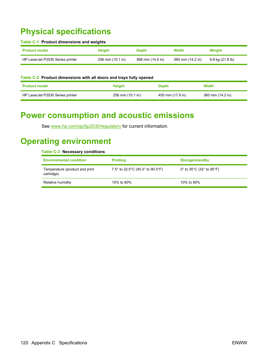 Physical specifications, Power consumption and acoustic emissions, Operating environment | HP LaserJet P2035 User Manual | Page 130 / 148