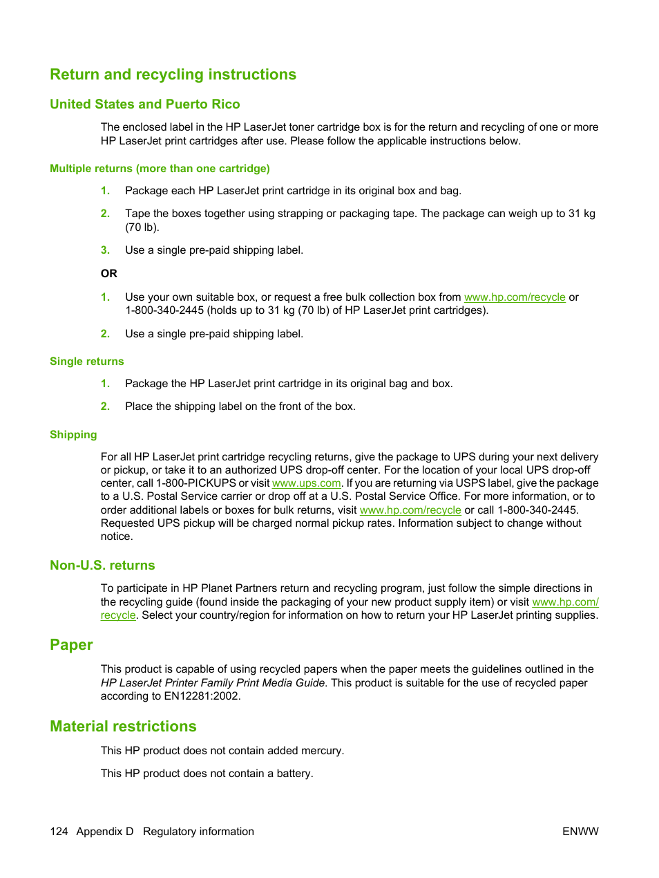 Return and recycling instructions, United states and puerto rico, Multiple returns (more than one cartridge) | Single returns, Shipping, Non-u.s. returns, Paper, Material restrictions | HP LaserJet P2035 User Manual | Page 134 / 148