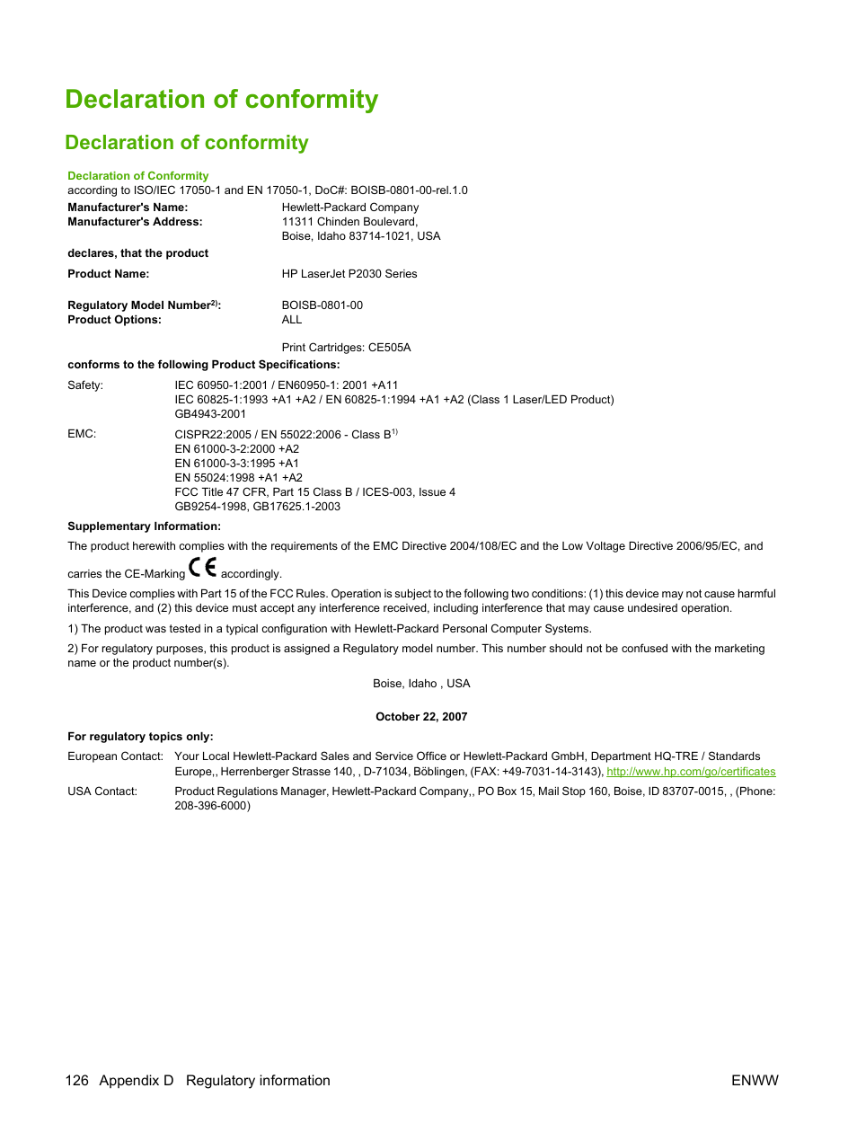 Declaration of conformity | HP LaserJet P2035 User Manual | Page 136 / 148