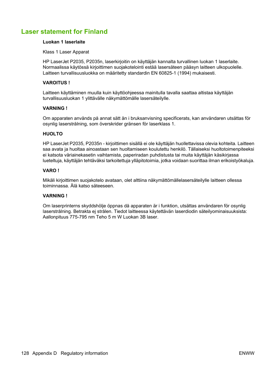 Laser statement for finland | HP LaserJet P2035 User Manual | Page 138 / 148
