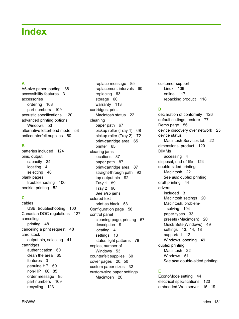 Index | HP LaserJet P2035 User Manual | Page 141 / 148