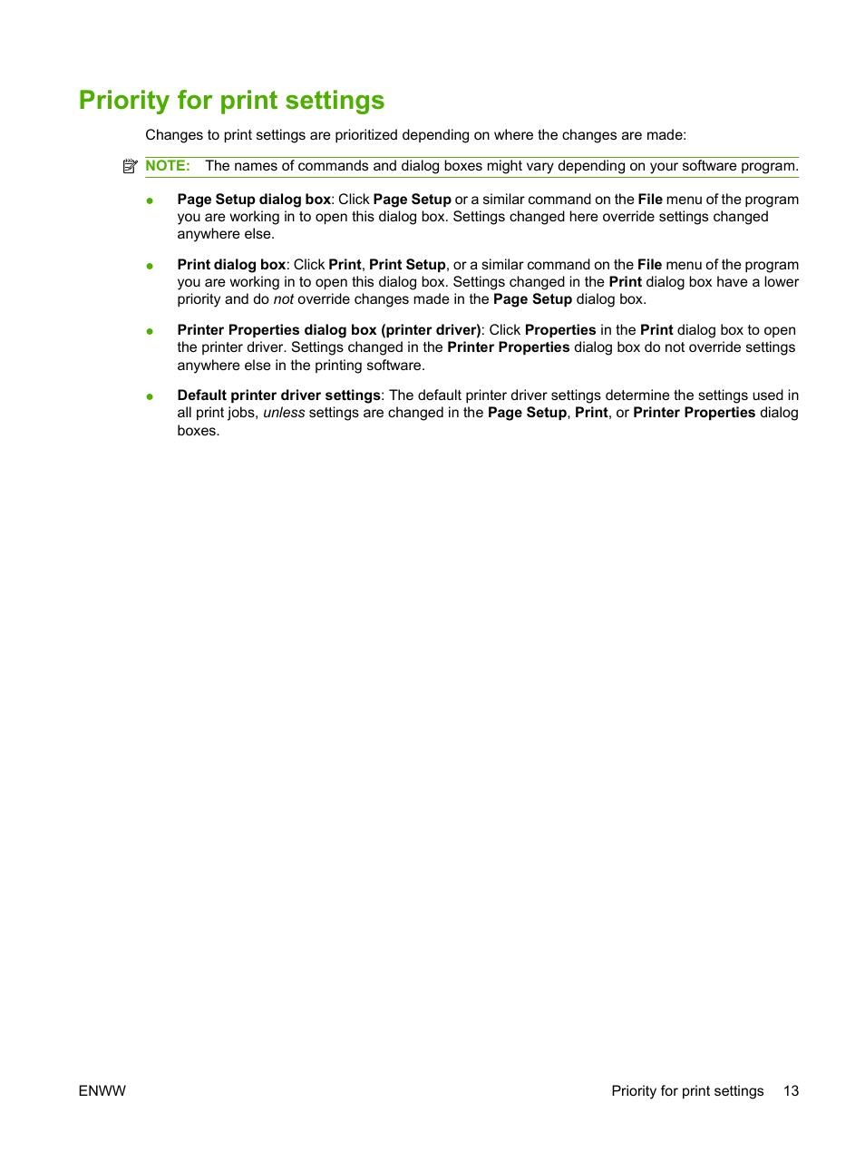 Priority for print settings | HP LaserJet P2035 User Manual | Page 23 / 148