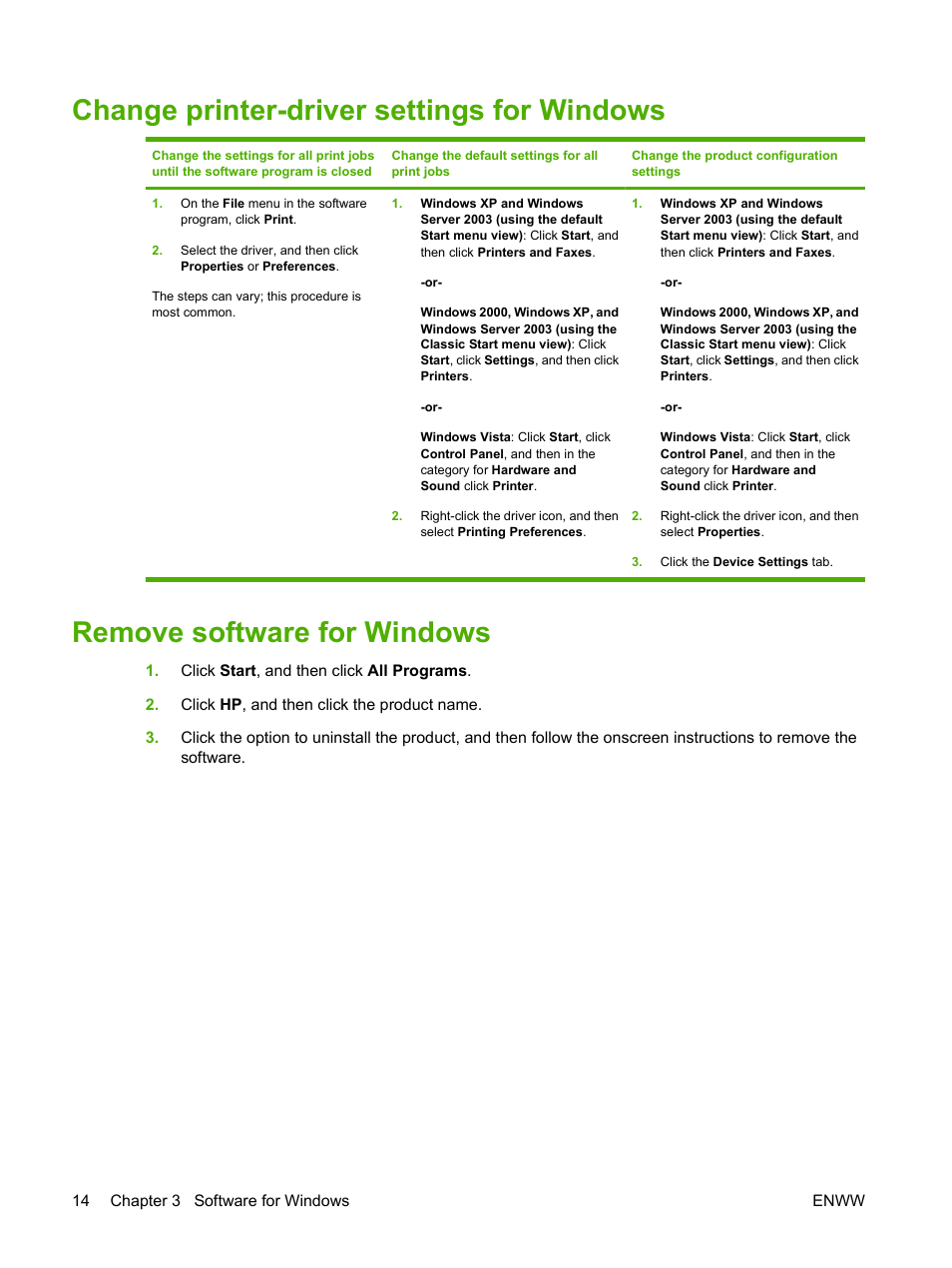 Change printer-driver settings for windows, Remove software for windows | HP LaserJet P2035 User Manual | Page 24 / 148