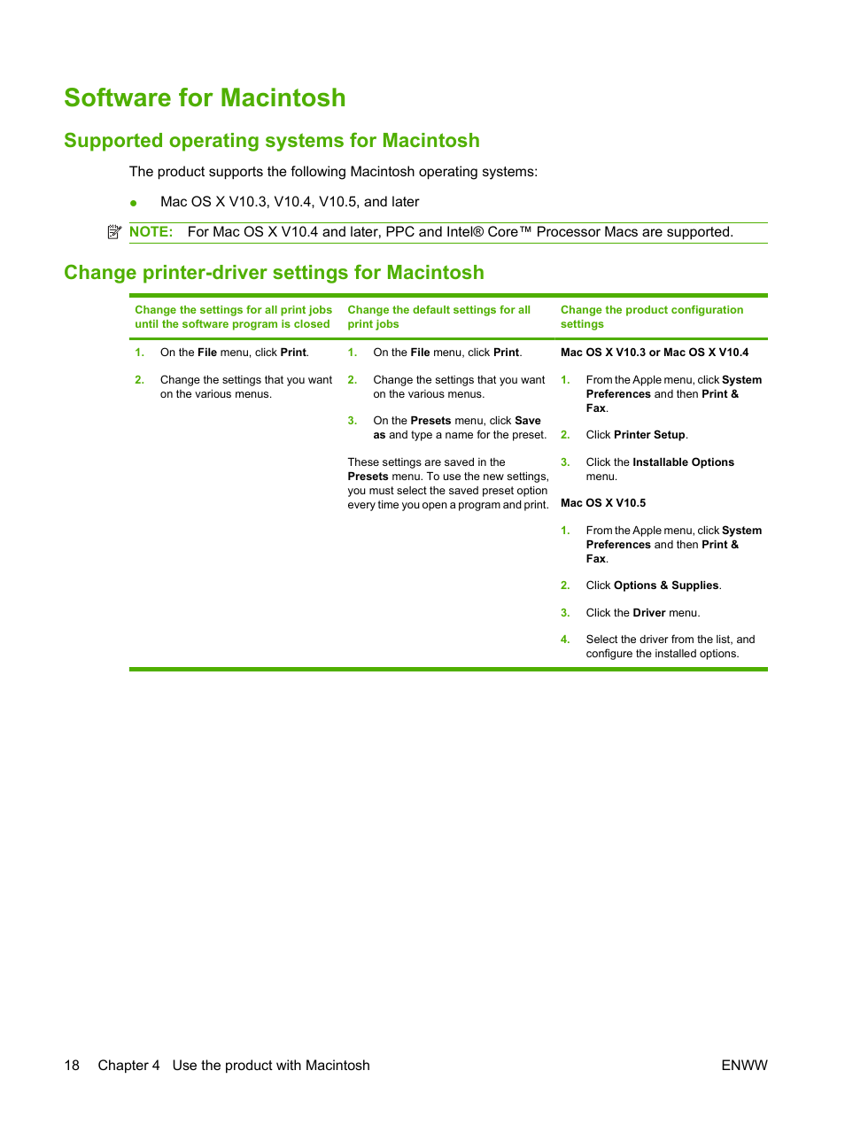 Software for macintosh, Supported operating systems for macintosh, Change printer-driver settings for macintosh | HP LaserJet P2035 User Manual | Page 28 / 148