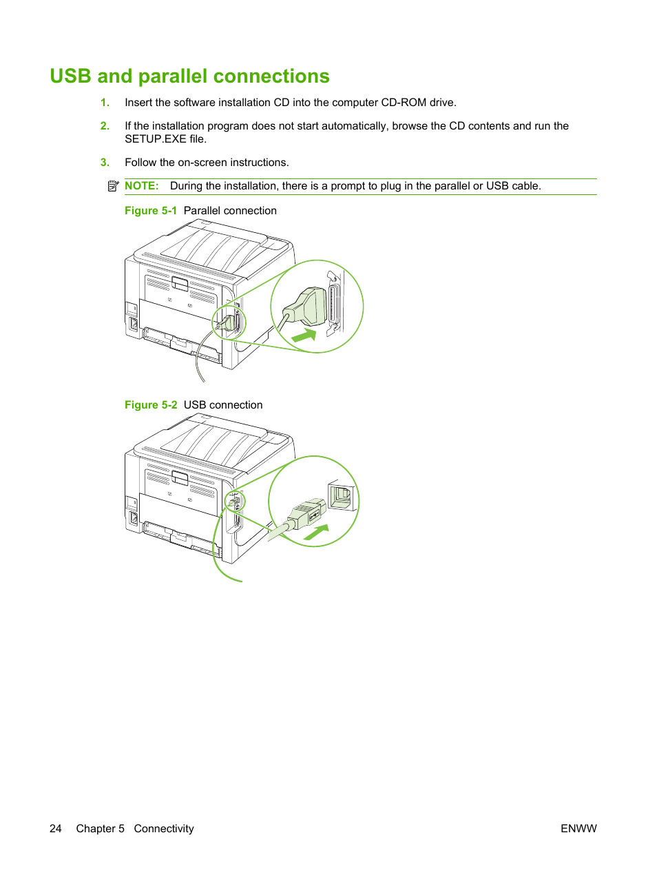 Usb and parallel connections | HP LaserJet P2035 User Manual | Page 34 / 148