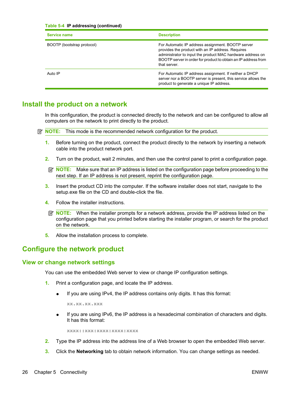 Install the product on a network, Configure the network product, View or change network settings | HP LaserJet P2035 User Manual | Page 36 / 148