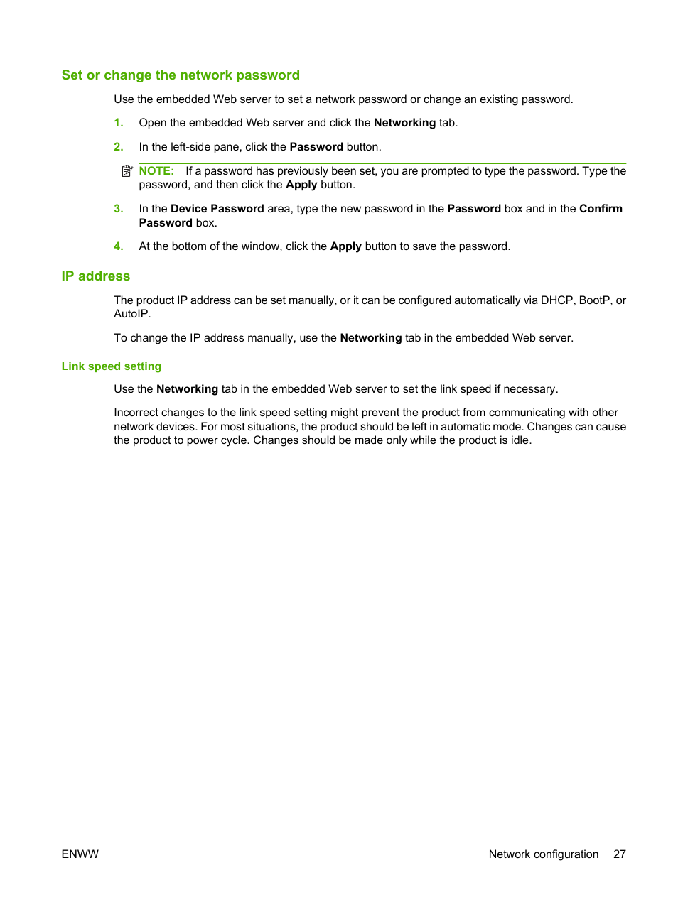 Set or change the network password, Ip address, Link speed setting | Set or change the network password ip address | HP LaserJet P2035 User Manual | Page 37 / 148