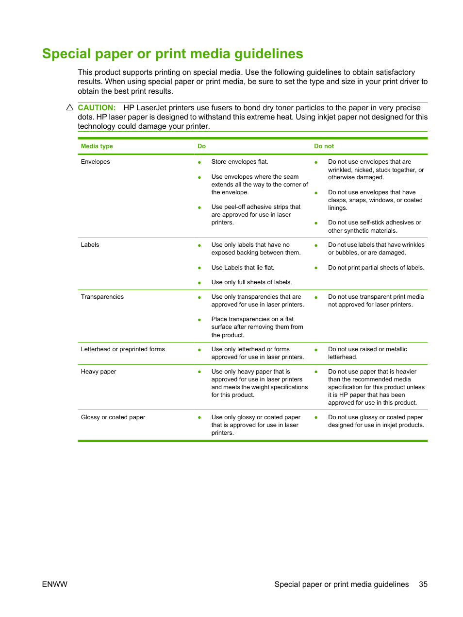 Special paper or print media guidelines | HP LaserJet P2035 User Manual | Page 45 / 148