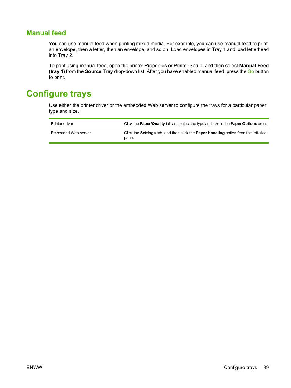 Manual feed, Configure trays | HP LaserJet P2035 User Manual | Page 49 / 148