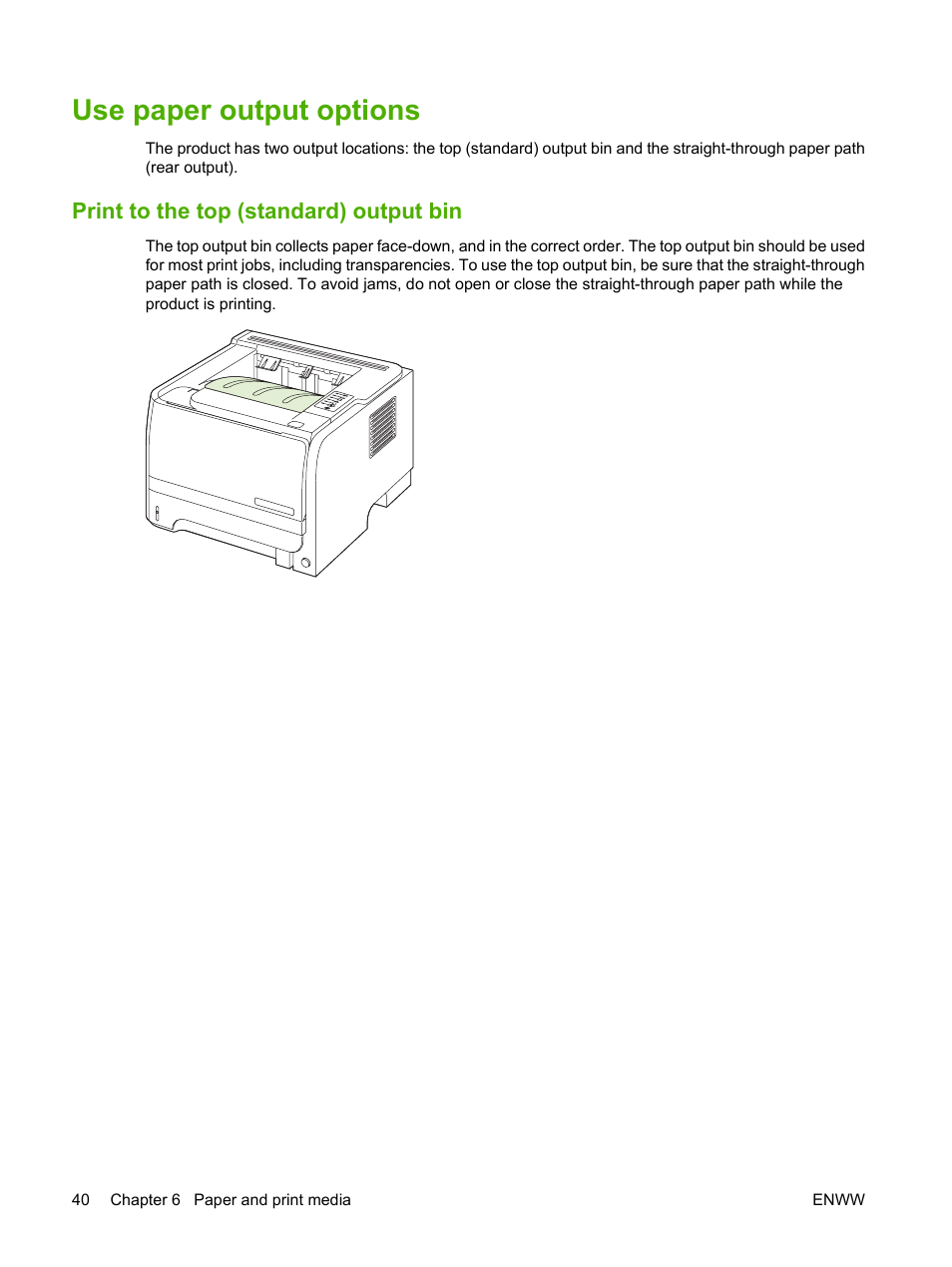 Use paper output options, Print to the top (standard) output bin | HP LaserJet P2035 User Manual | Page 50 / 148
