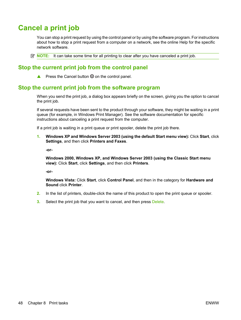Cancel a print job, Stop the current print job from the control panel | HP LaserJet P2035 User Manual | Page 58 / 148