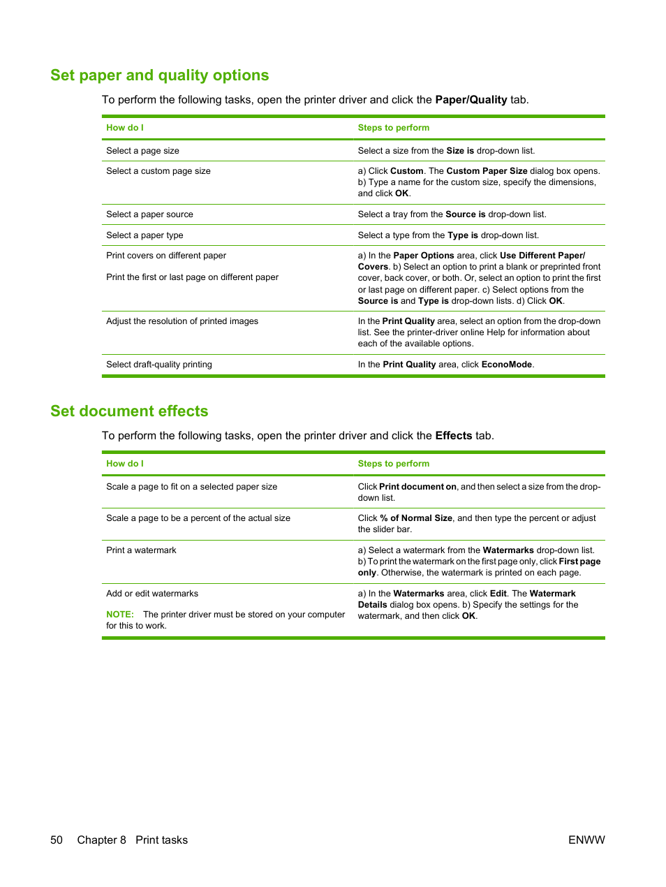 Set paper and quality options, Set document effects, Set paper and quality options set document effects | HP LaserJet P2035 User Manual | Page 60 / 148