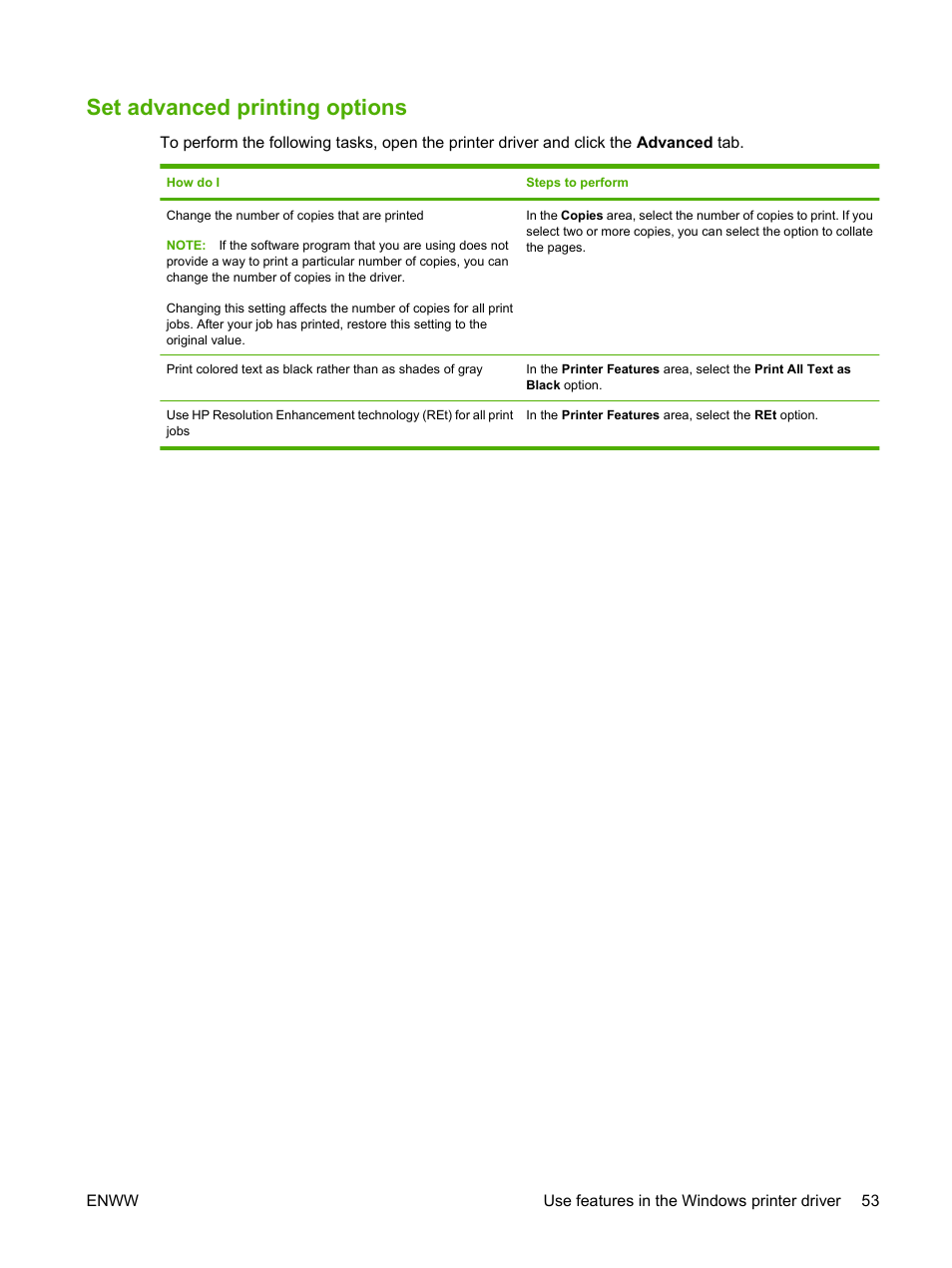 Set advanced printing options | HP LaserJet P2035 User Manual | Page 63 / 148