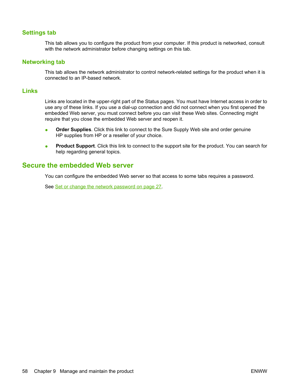 Settings tab, Networking tab, Links | Secure the embedded web server, Settings tab networking tab links | HP LaserJet P2035 User Manual | Page 68 / 148