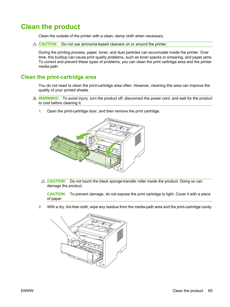 Clean the product, Clean the print-cartridge area | HP LaserJet P2035 User Manual | Page 75 / 148