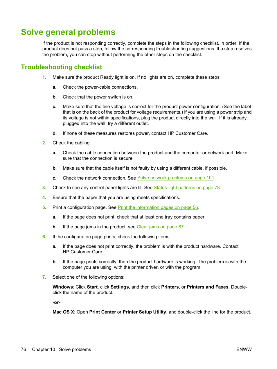Solve general problems, Troubleshooting checklist | HP LaserJet P2035 User Manual | Page 86 / 148