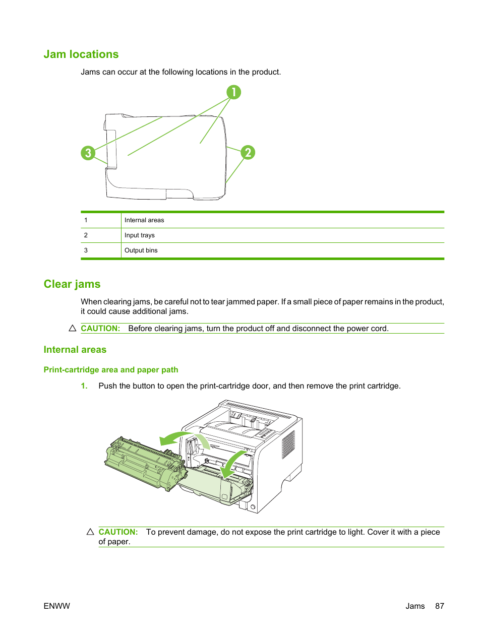 Jam locations, Clear jams, Internal areas | Print-cartridge area and paper path, Jam locations clear jams | HP LaserJet P2035 User Manual | Page 97 / 148