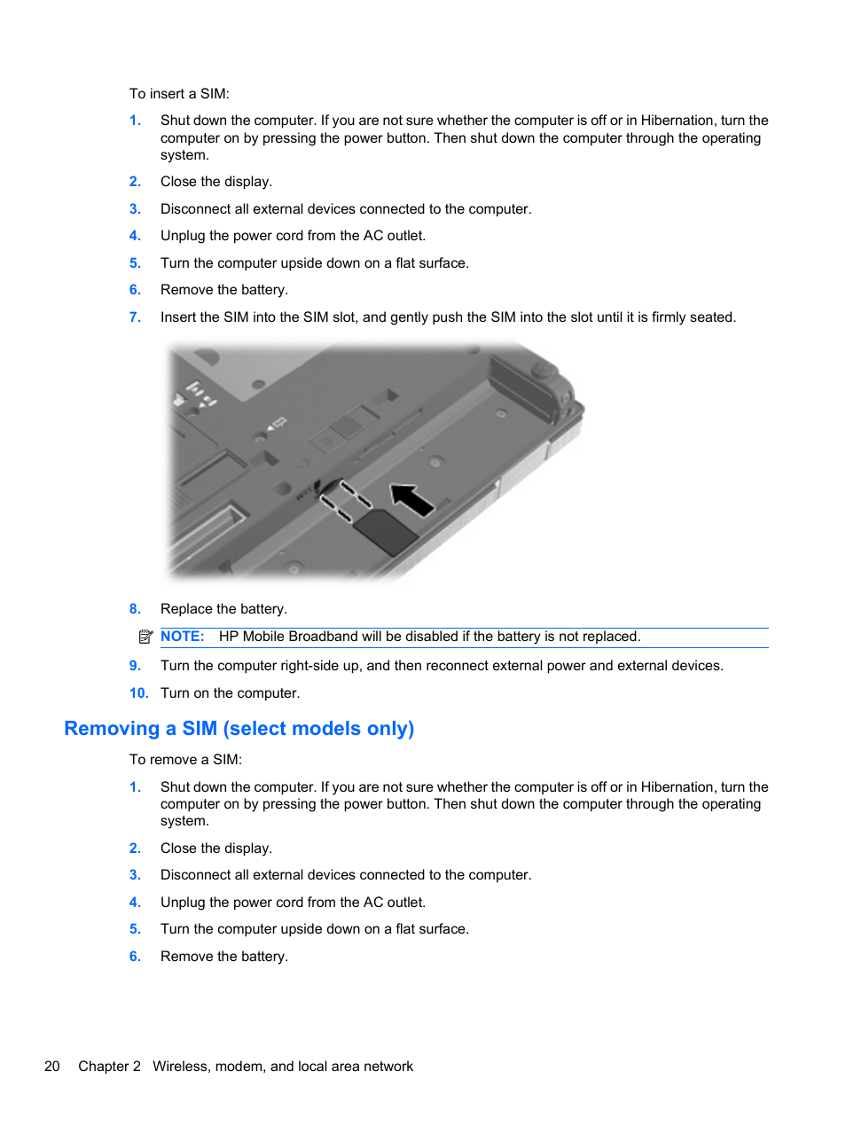 Removing a sim (select models only) | HP EliteBook 8740w Mobile Workstation User Manual | Page 32 / 148