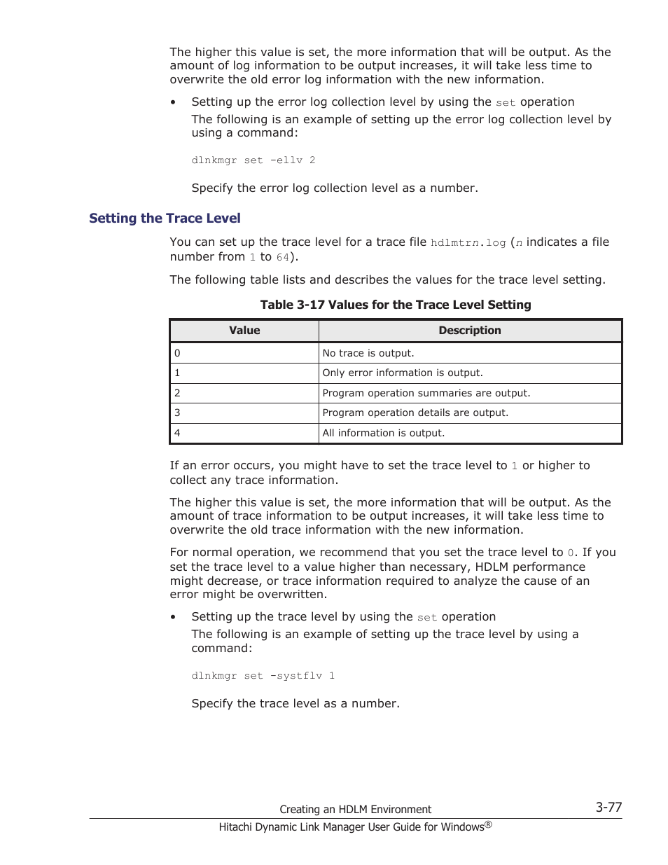 Setting the trace level -77 | HP XP P9500 Storage User Manual | Page 145 / 440