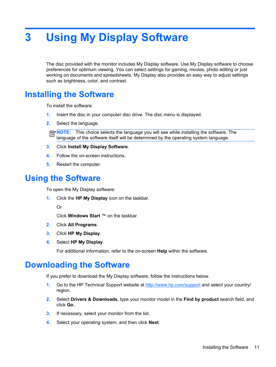 Using my display software, Installing the software, Using the software | Downloading the software, 3 using my display software, 3using my display software | HP ENVY 24 23.8-inch Diagonal IPS Monitor with Beats Audio User Manual | Page 17 / 22
