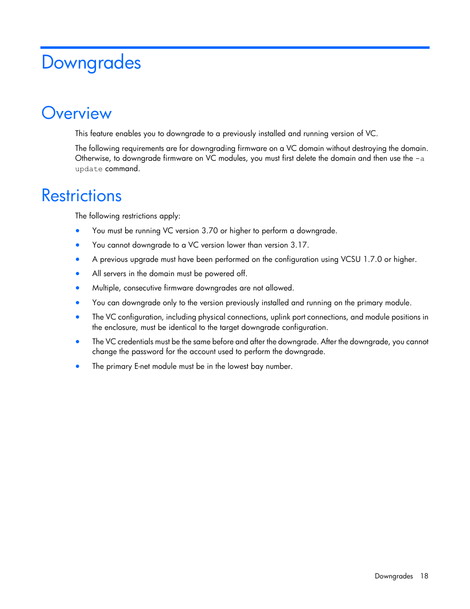 Downgrades, Overview, Restrictions | HP Virtual Connect 8Gb 20-port Fibre Channel Module for c-Class BladeSystem User Manual | Page 18 / 31