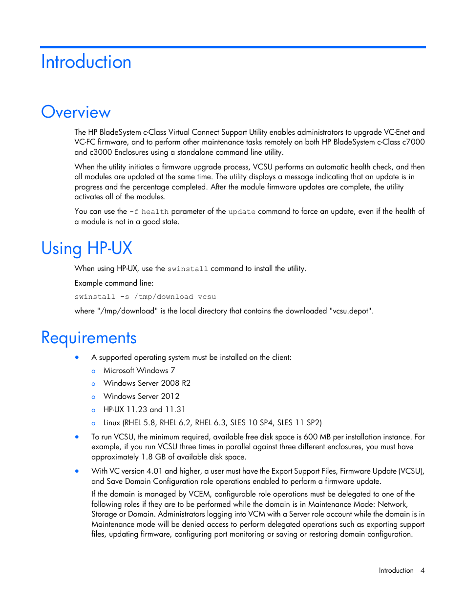 Introduction, Overview, Using hp-ux | Requirements | HP Virtual Connect 8Gb 20-port Fibre Channel Module for c-Class BladeSystem User Manual | Page 4 / 31