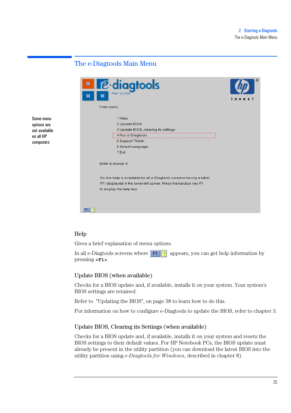 The e-diagtools main menu, Help, Update bios (when available) | HP e-PC c10s10 User Manual | Page 25 / 82