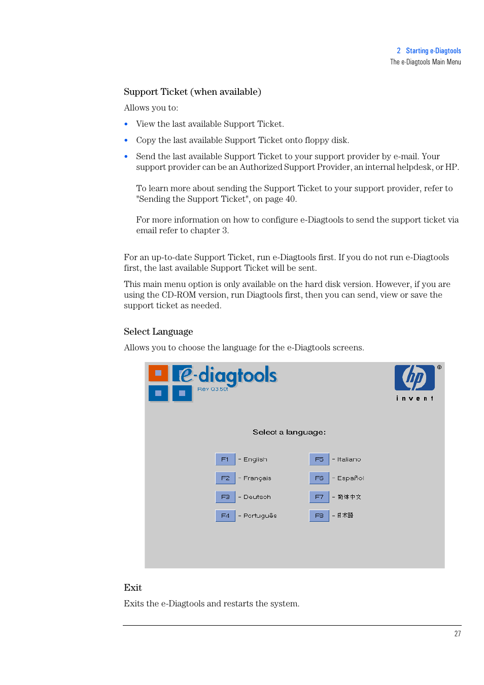 Support ticket (when available), Select language, Exit | HP e-PC c10s10 User Manual | Page 27 / 82