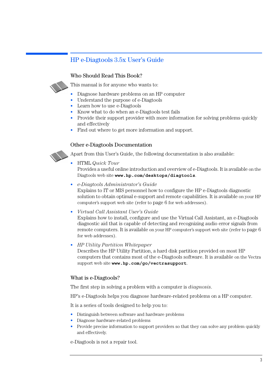 Hp e-diagtools 3.5x user’s guide | HP e-PC c10s10 User Manual | Page 3 / 82