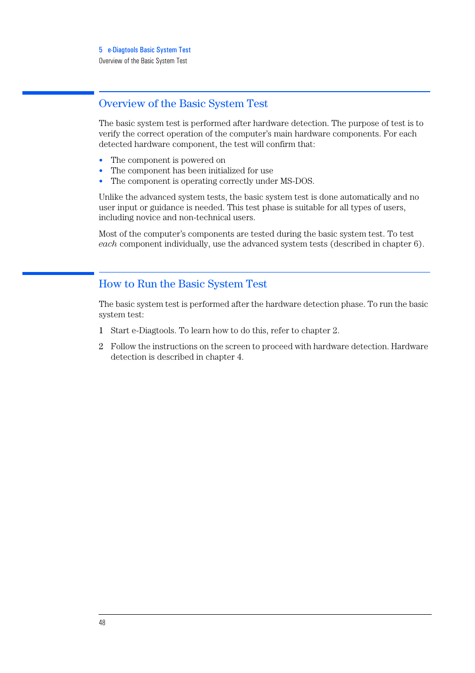 Overview of the basic system test, How to run the basic system test | HP e-PC c10s10 User Manual | Page 48 / 82