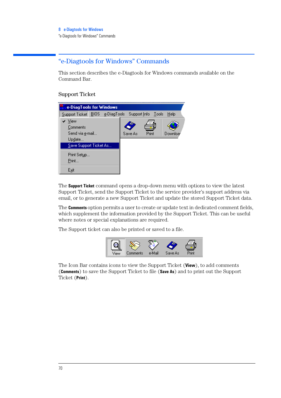 E-diagtools for windows” commands, Support ticket | HP e-PC c10s10 User Manual | Page 70 / 82