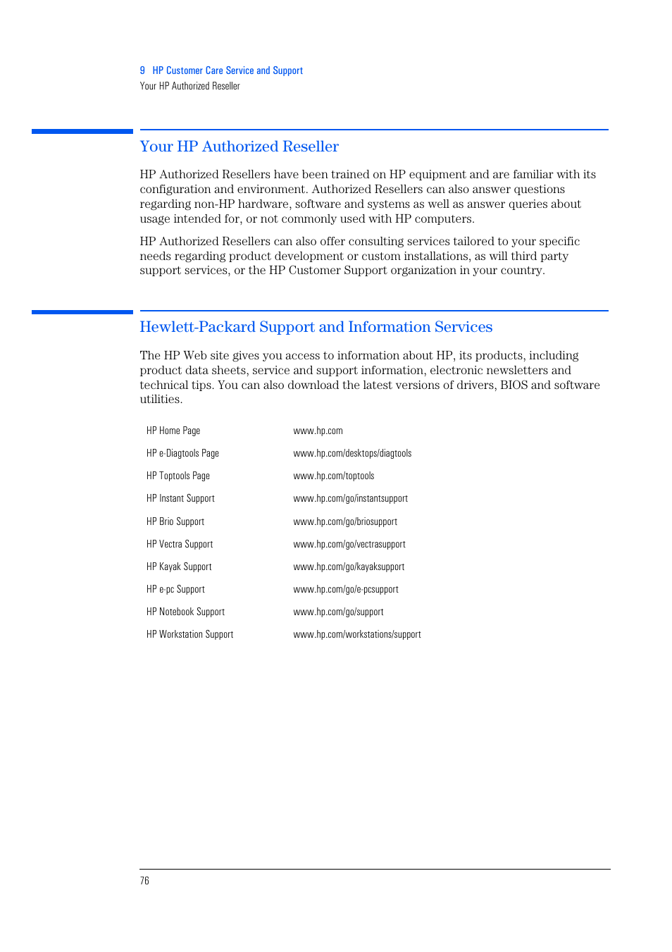 Your hp authorized reseller, Hewlett-packard support and information services | HP e-PC c10s10 User Manual | Page 76 / 82