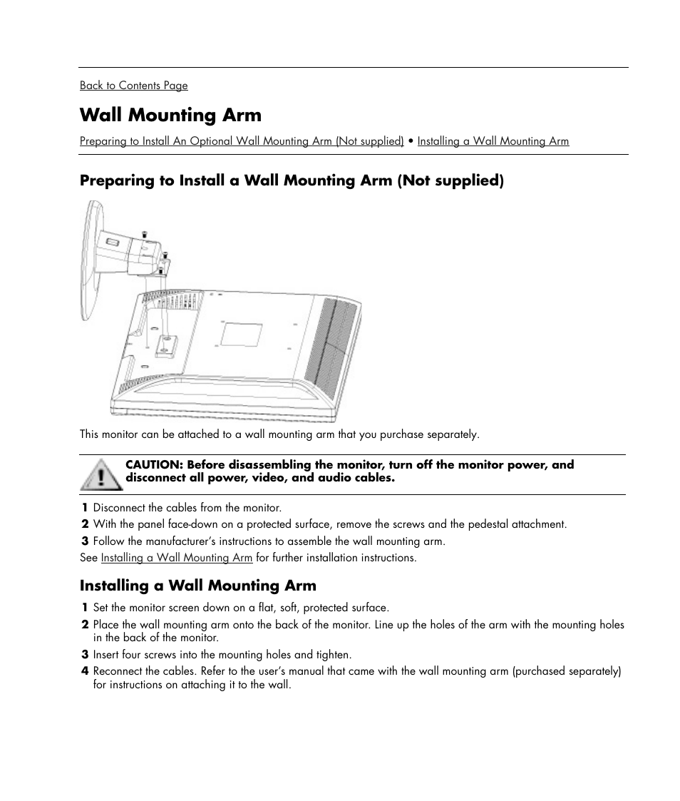 Wall mounting arm, Installing a wall mounting arm | HP w19e 19 inch LCD Monitor User Manual | Page 11 / 32