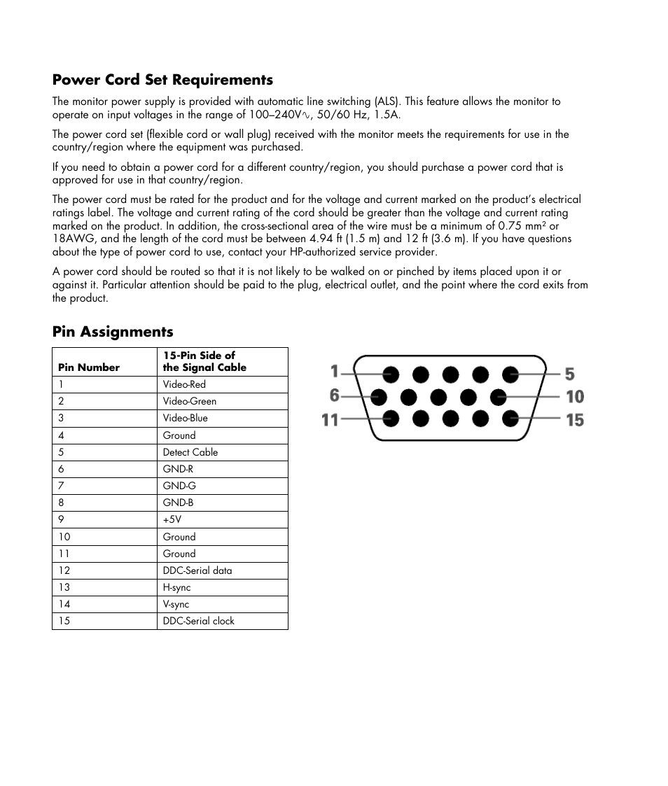 Power cord set requirements, Pin assignments | HP w19e 19 inch LCD Monitor User Manual | Page 22 / 32
