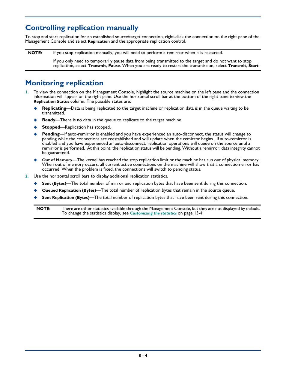Controlling replication manually, Monitoring replication | HP Storage Mirroring Software User Manual | Page 103 / 339
