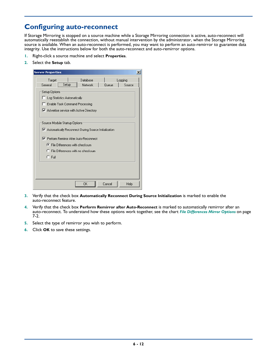Configuring auto-reconnect, Configuring auto-reconnect -12 | HP Storage Mirroring Software User Manual | Page 75 / 339