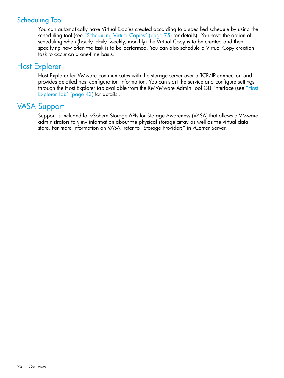 Scheduling tool, Host explorer, Vasa support | Host explorer vasa support | HP 3PAR Application Software Suite for VMware User Manual | Page 26 / 126