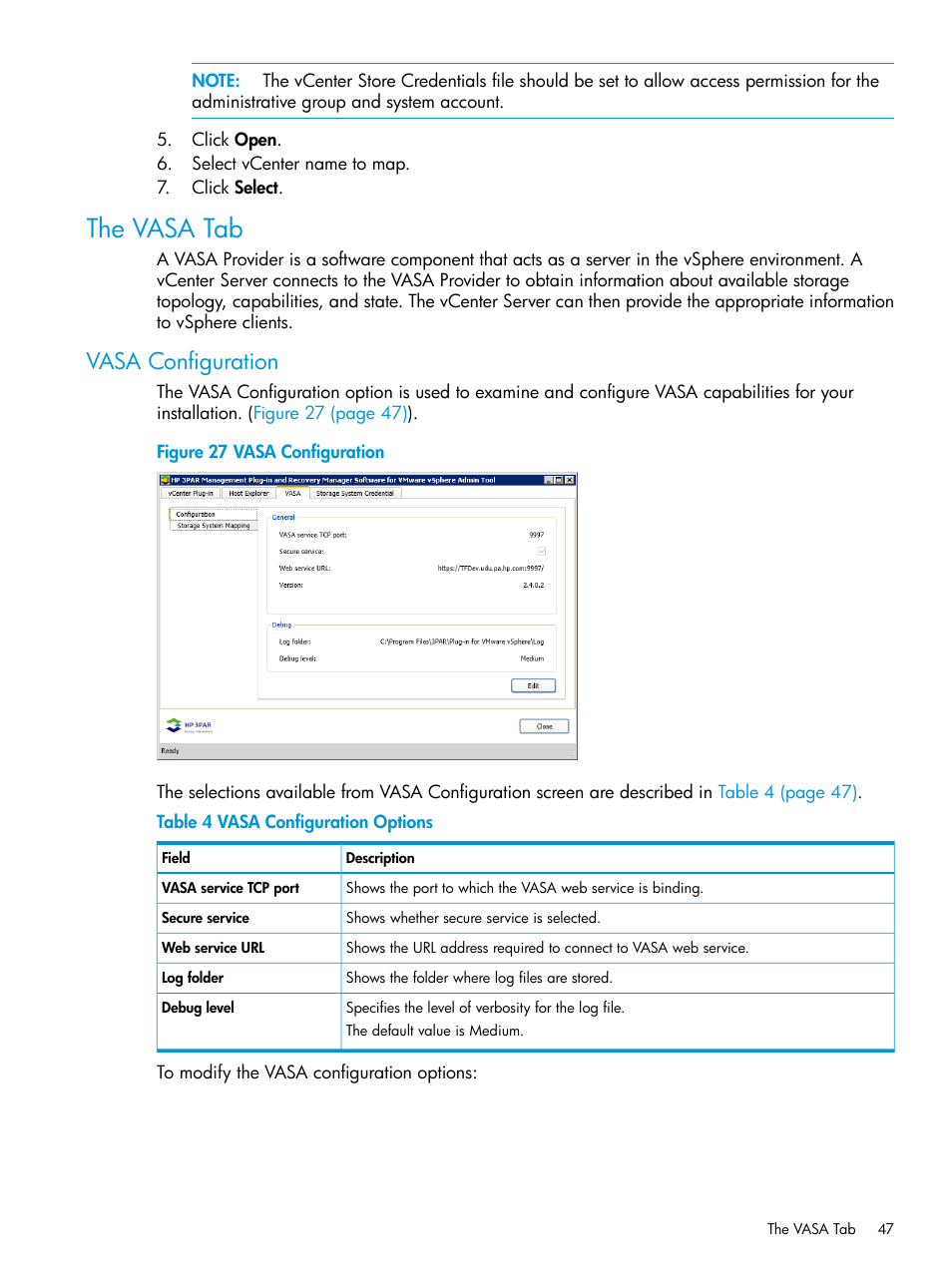 The vasa tab, Vasa configuration | HP 3PAR Application Software Suite for VMware User Manual | Page 47 / 126
