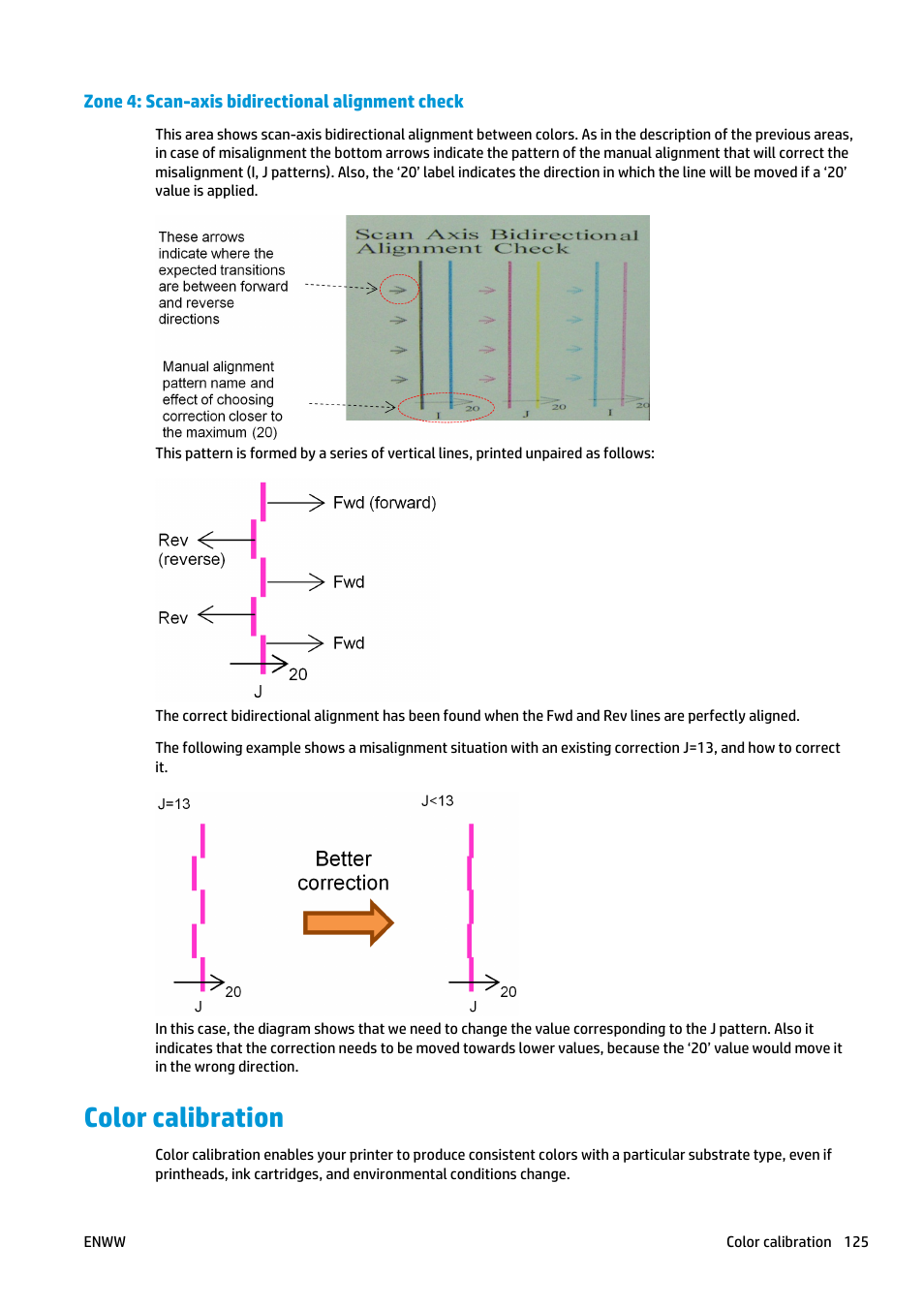 Zone 4: scan-axis bidirectional alignment check, Color calibration | HP Latex 3000 Printer User Manual | Page 131 / 312