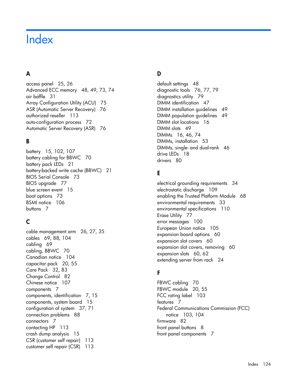 Index | HP ProLiant DL380 G7 Server User Manual | Page 124 / 127