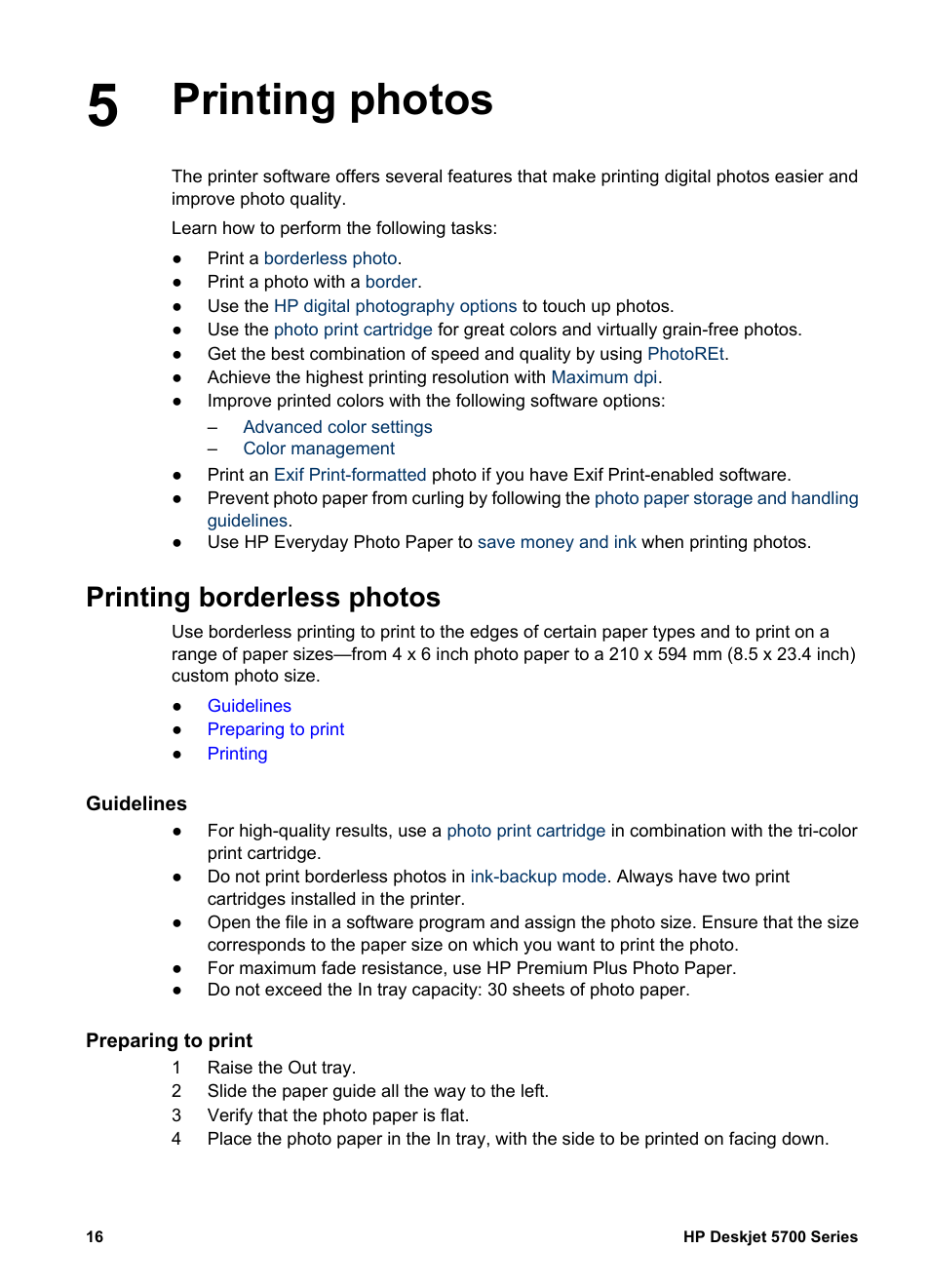 Printing photos, Printing borderless photos, Guidelines | Preparing to print, Printing photos printing borderless photos, Photos | HP Deskjet 5740 Color Inkjet Printer User Manual | Page 18 / 100