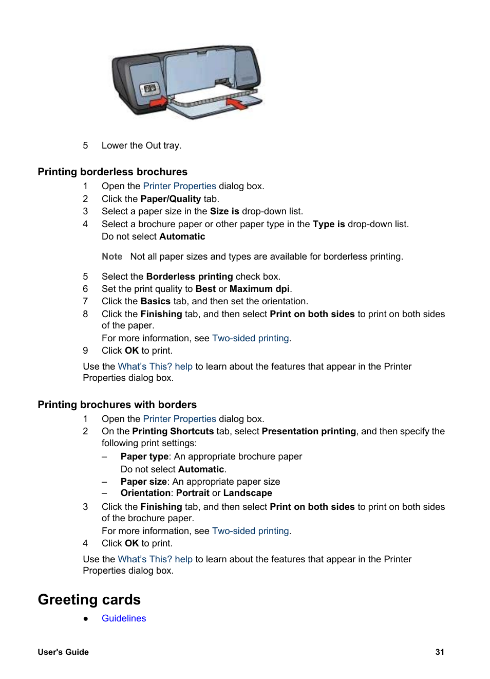 Printing borderless brochures, Printing brochures with borders, Greeting cards | Brochures | HP Deskjet 5740 Color Inkjet Printer User Manual | Page 33 / 100