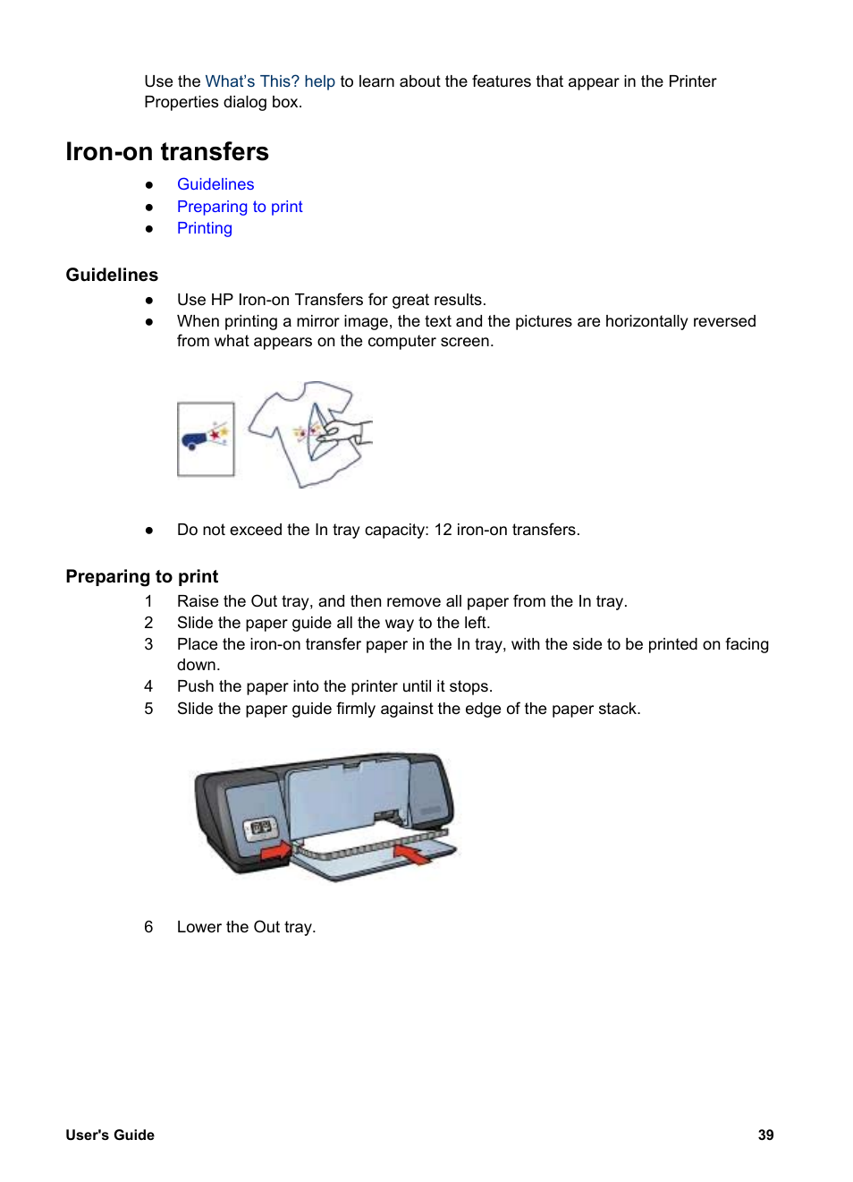 Iron-on transfers, Guidelines, Preparing to print | HP Deskjet 5740 Color Inkjet Printer User Manual | Page 41 / 100