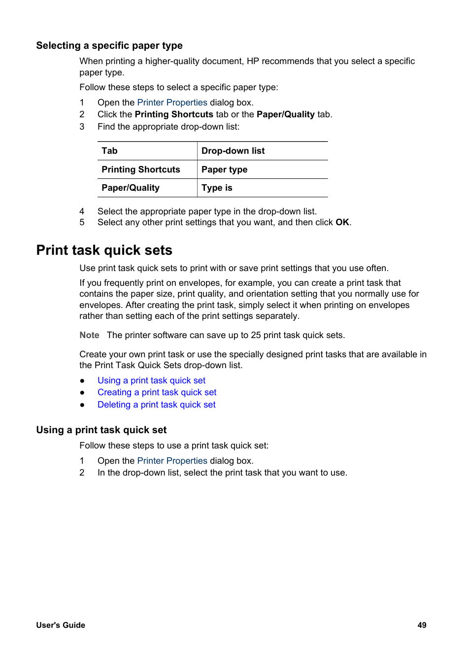 Selecting a specific paper type, Print task quick sets, Using a print task quick set | Specific paper type | HP Deskjet 5740 Color Inkjet Printer User Manual | Page 51 / 100