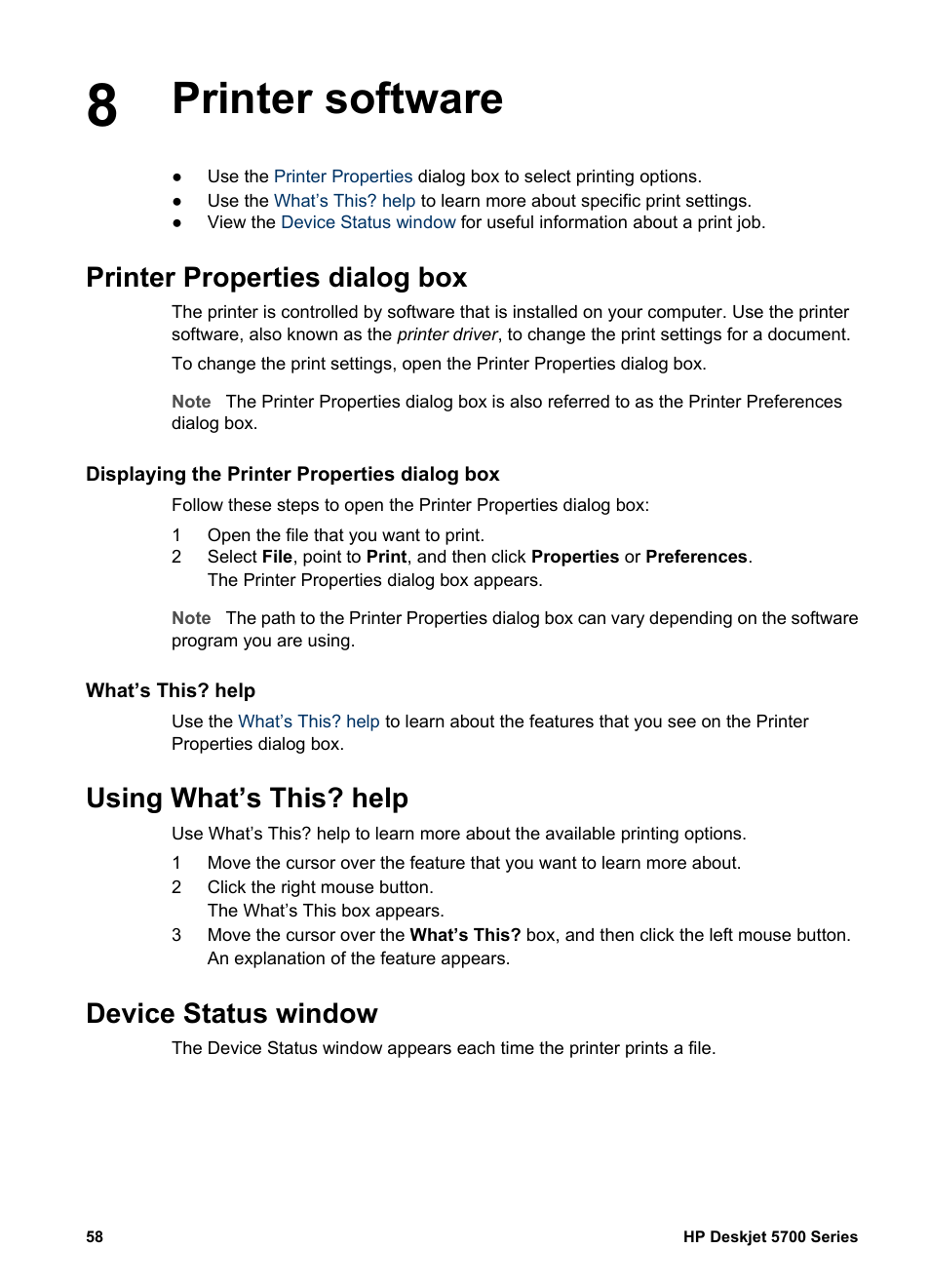 Printer software, Printer properties dialog box, Displaying the printer properties dialog box | What’s this? help, Using what’s this? help, Device status window, Printer properties, Dialog, What’s this help, What's this? help | HP Deskjet 5740 Color Inkjet Printer User Manual | Page 60 / 100