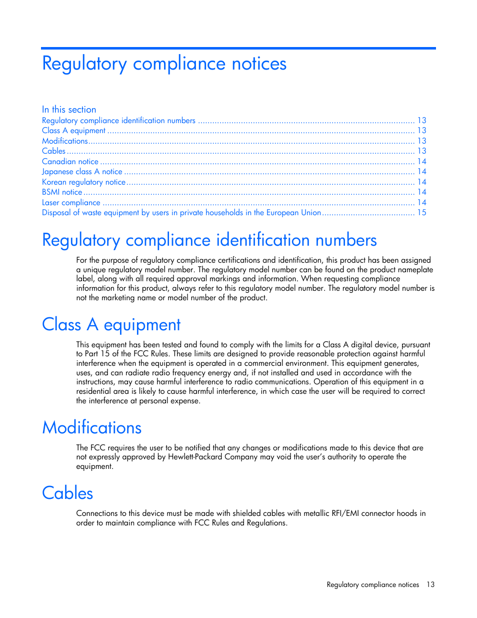 Regulatory compliance notices, Regulatory compliance identification numbers, Class a equipment | Modifications, Cables | HP NC510C PCI-E 10 Gigabit Server Adapter User Manual | Page 13 / 18