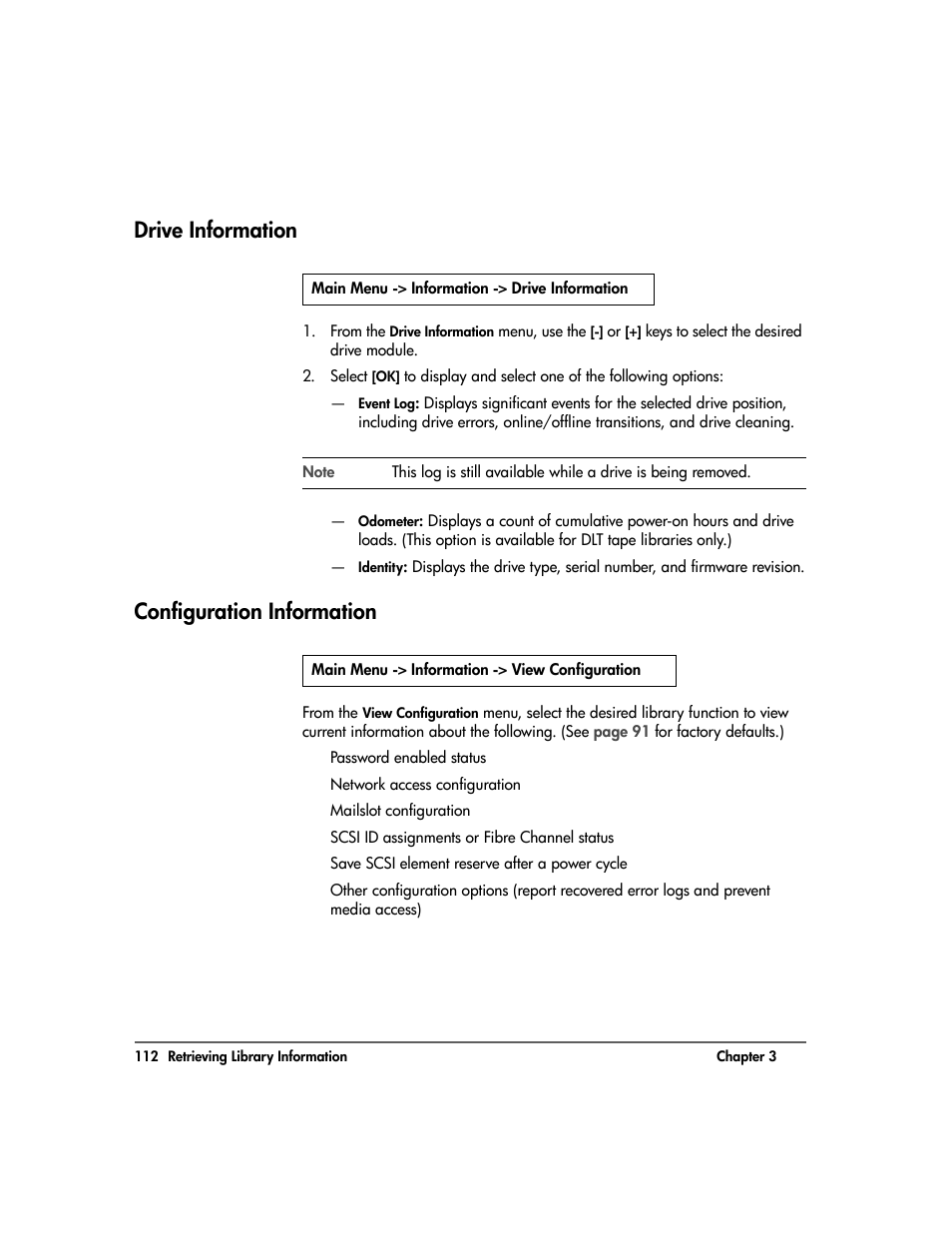 Drive information, Configuration information | HP Surestore 10.100 Tape Library User Manual | Page 114 / 238